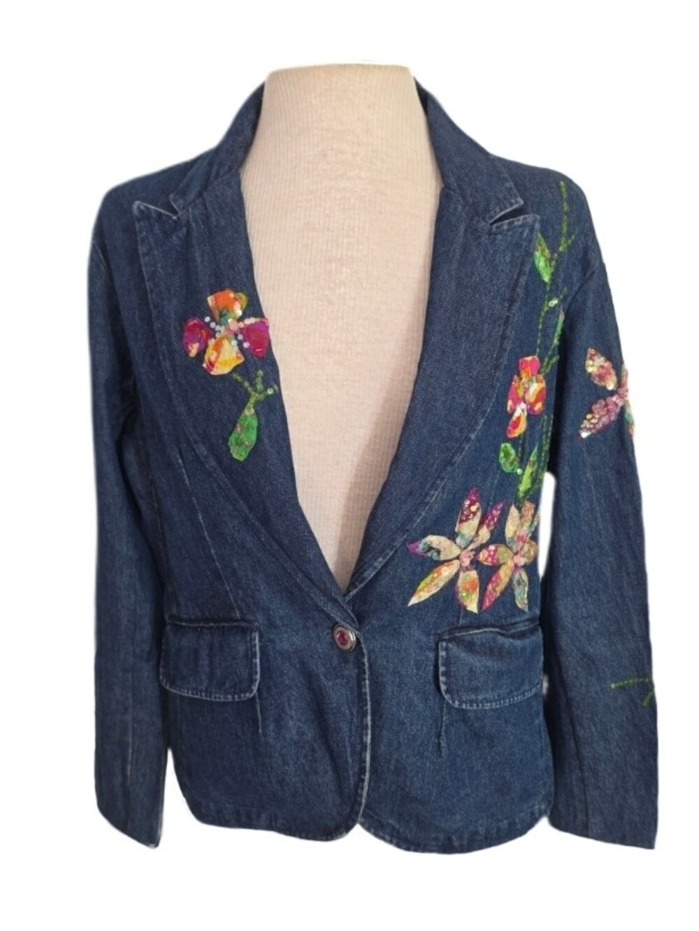 Life Style Jacket 100% Cotton Denim Sequins & Applique  Blue Size M